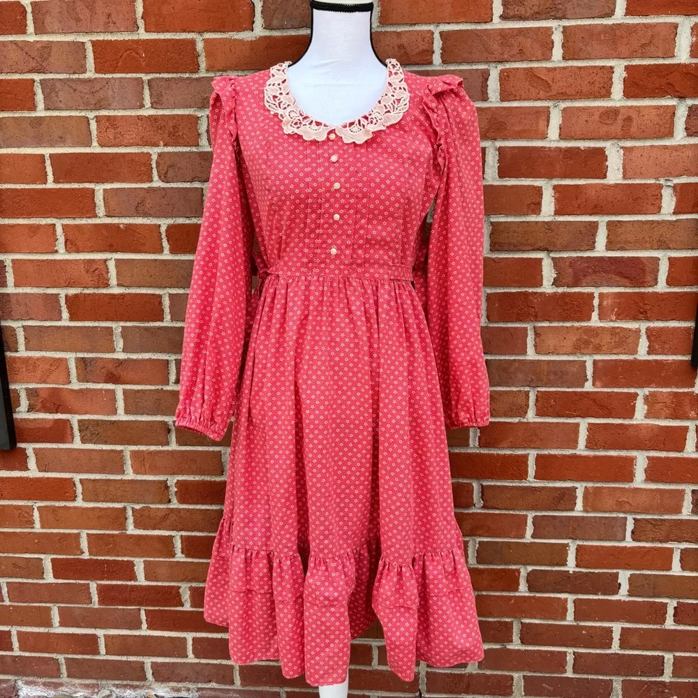 Vintage Candi Jones California Red Floral Print Long Sleeve Dress Ruffles Lace - Picture 1 of 9